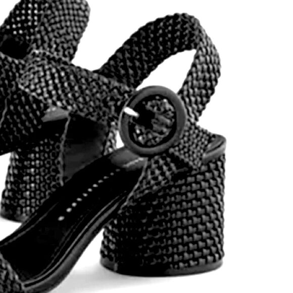 LIKE NEW Zara Black Wide Round Block Heeled Woven Sandals from 2019-Size 7.5/38 - Picture 2 of 15